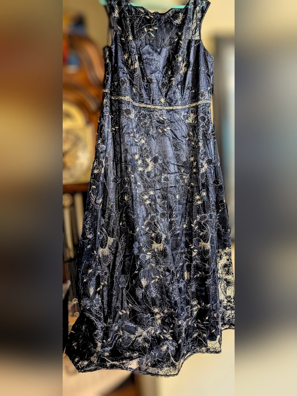 Elegant Navy A-Line Dress with Silver Floral Embroidery